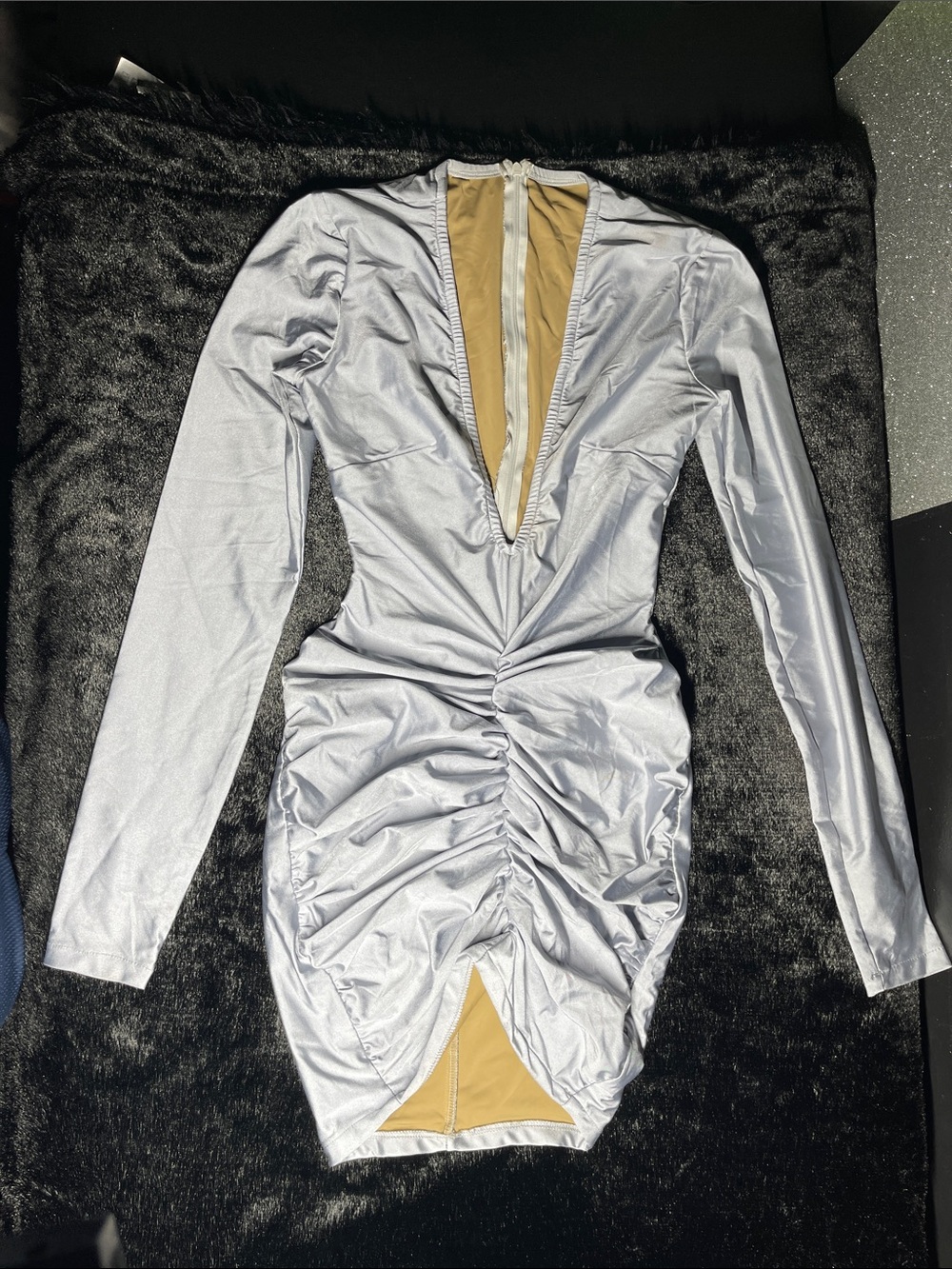Long Sleeve Silver Mini Dress with Ruched Front